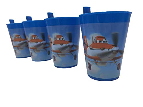 ML Pack de 4 Vasos plásticos con Pajita para niños y niñas- Vasos Ideal para Fiestas de cumpleaños 250ml Cars-Avion
