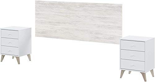 Mobelcener – Cabezal y 2 Mesitas de Noche Sweet – Cabecero Matrimonio y 2 Mesitas de Noche – Color Blanco Artik y Blanco Velho – Medidas: Ancho: 240 cm x Fondo: 33 cm x Alto: 101 cm - (1107)