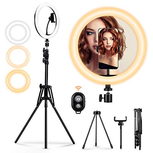 MOHOO 10"Anillo de Luz 3 Colores y 10 Brillos Regulables Control Remoto Máximo 1800 lúmenes Aro de Luz con Dos Trípodes Ajustables 78-160 cm para Movil y Camara Youtube/Selfie/Video/Maquillaje/TIK Tok