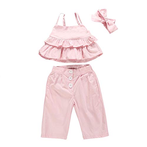 Moneycom❤Toddler bebé niña, tirantes con volantes, camiseta + pantalón + diadema conjunto rosa rosa 3-4 Años