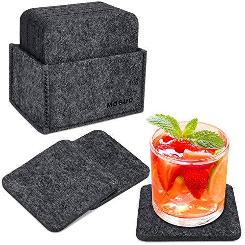 MOSUO Juego de 12 Posavasos, Posavasos Originales con Caja Bebidas 10x10 cm Absorben Antideslizante Posavasos de Fieltro para para Café, Vasos, Tazas