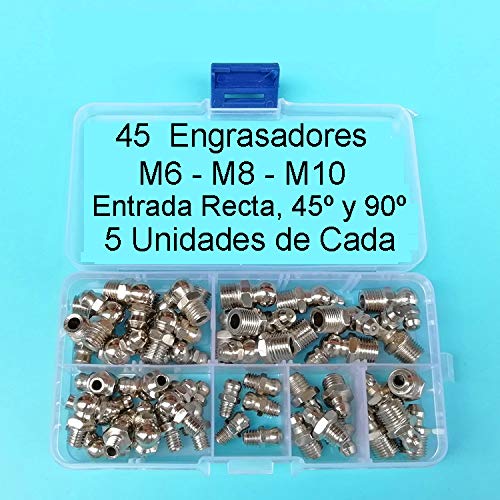 Movilideas - Set de Engrasadores M6 - M8 - M10. Salida Recta, 45 y 90 Grados. 45 Unidades en Caja. Engrasador