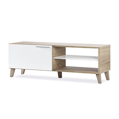 Mueble de Comedor Moderno, Mueble Salon TV, Modelo Nara, Acabado en Blanco Brillo y Roble Canadian, Medidas: 130 cm (Ancho) x 45 cm (Alto) x 42 cm (Fondo)