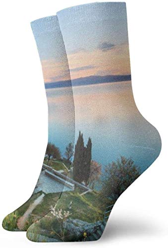 N/A Calcetines de Vestir para Hombre, diseño de Puente de Piedra Antigua sobre el Lago en la Aldea Bosnia, de los Balcanes, de poliéster