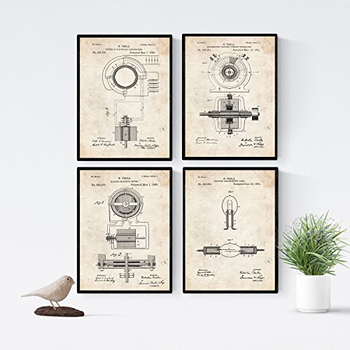 Nacnic Vintage - Pack de 4 Láminas con Patentes de Electricidad. Set de Posters con inventos y Patentes Antiguas. Elije el Color Que Más te guste. Impreso en Papel de 250 Gramos de Alta Calidad