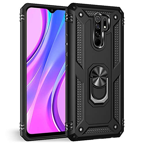 NALIA Ring Case Compatible con Xiaomi Redmi 9 Funda, Carcasa Resistente con 360° Anillo Rotacion, Kickstand Hardcase Cover & Silicona Bumper Estuche Rigida para Soporte de Coche Magnético - Negro