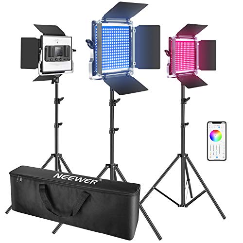 Neewer 3 Packs luz LED RGB 660 con Control App Kit Iluminación Video y Fotografía con Soportes y Bolsa 660 SMD LED CRI95 / 3200K-5600K / Brillo 0-100% / 0-360 Colores Ajustables