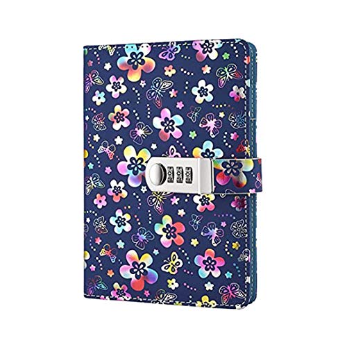 NPSJYQ Cuaderno diario con cerradura Encuadernación de piel sintética con hermoso cuaderno con motivos florales Diario de viaje de tamaño A5 para niñas y niños