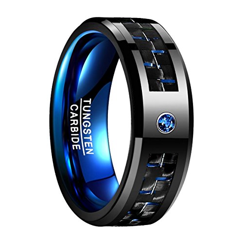 NUNCAD Anillo para Mujer Hombre Unisex de Tungsteno con Fibra de Carbono y Zirconia 8mm de Ancho Negro + Azul para Regalo Boda Ocio Moda Talla 57 (18,1 mm)