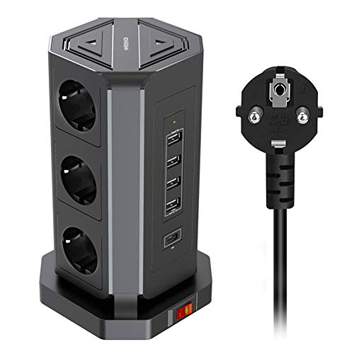 NVEESHOX Regleta Vertical Enchufes de 9 Tomas Corrientes y 4 Rápida USB Tomas y 1 Puerto de USB C 18W Power Strip Torre,Alargadora Cable de 2m con Protección y Interruptor,Tapón de Seguridad (Negro)