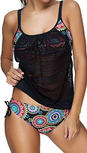 Ocean Plus Mujer Tankini de Malla Acolchada y Colorida con Calzoncillos Bikini Conjunto de Rayas Traje de Baño de Dos Piezas Ropa de Playa (L (EU 38-40), Caleidoscopio)