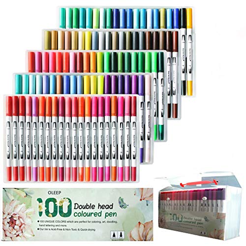 OLEEP - Lote de 100 rotuladores para acuarela con punta de cepillo de 2 mm y 0,4 mm, punta fina para libros de colorear para adultos, manga, dibujo de pintura