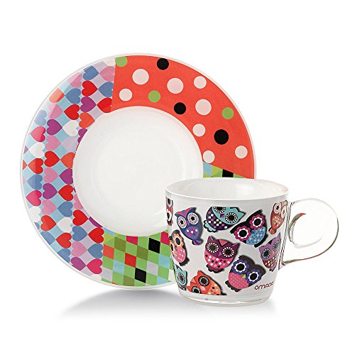 Omada design Set 4 tazas de café con platillo, capacidad 6 cl, en plástico irrompible, apto para lavavajillas, línea Plexart, varios patrones, para bares, restaurantes y particulares