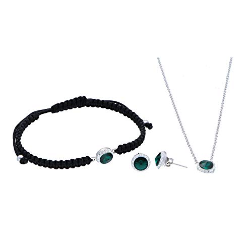 Omikron Conjunto de Joyas de Plata 925 con Cristales Swarovski® Pendiente, Pulsera, Gargantilla Redondo de 8mm para Mujer (Color Emerald)