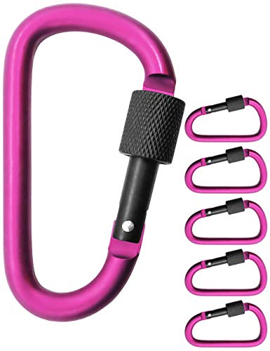 Outdoor Saxx® - 5 mosquetones de rosca grandes, ganchos de mosquetón para fijación de equipo, aluminio, 8 cm, color rosa, negro, 5 unidades.