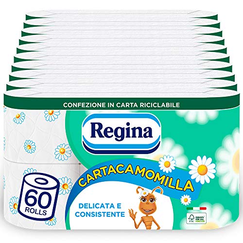 Papel higiénico Regina Cartacamomila | Paquete de 60 rollos | 300 tiras por rollo* | Delicado y consistente, ligeramente perfumado con esencia de manzanilla | Papel 100% certificado FSC Papel higiénico Regina Cartacamomila | Paquete de 60 rollos | 300 tiras por rollo* | Delicado y consistente, ligeramente perfumado con esencia de manzanilla | Papel 100% certificado FSC