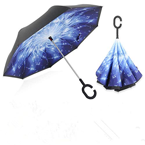 Paraguas invertido con mango en forma de C, a prueba de viento y protegido contra los rayos UV, se tiene en pie, manos libres, apto para viajes y uso en coche, de Manfa, blue rose, L