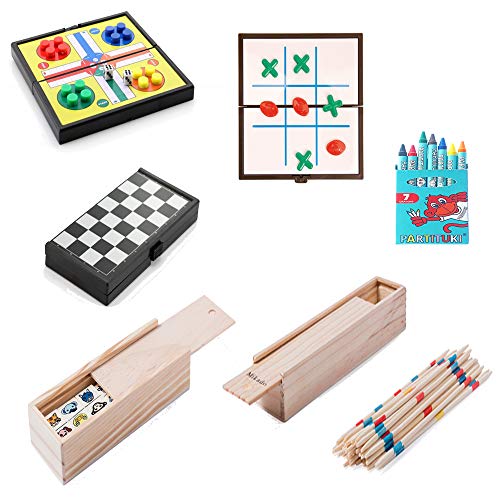 Partituki Pack Juegos de Mesa Familiares Incluye: Kit de 7 Ceras, Mini Juego de Parchís, Mini Juego de 3 en Raya, Mikado, Mini Juego de Damas y Dominó Infantil con Dibujos