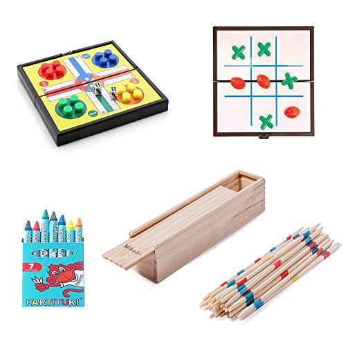 Partituki Pack Juegos de Mesa Familiares Incluye: Kit de 7 Ceras, Mini Juego de Parchís, Mini Juego de 3 en Raya y Mikado