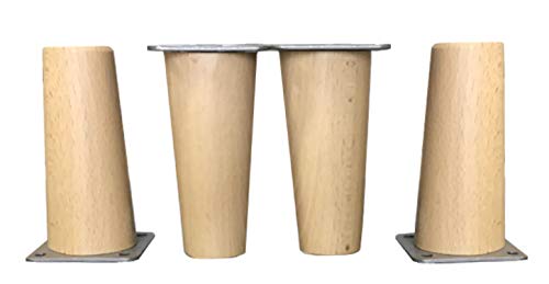 Patas de madera de Haya, con placa de montaje instalada. Pack de 4 unidades de patas para muebles, 8,10,12,15,20.cm alto, patas de madera cónicas rectas. (4 unidades 12 cm, Natural)