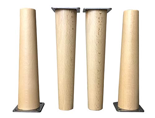 Patas de madera de Haya, con placa de montaje instalada. Pack de 4 unidades de patas para muebles, 8,10,12,15,20.cm alto, patas de madera cónicas rectas. (4 unidades 20 cm, Natural)