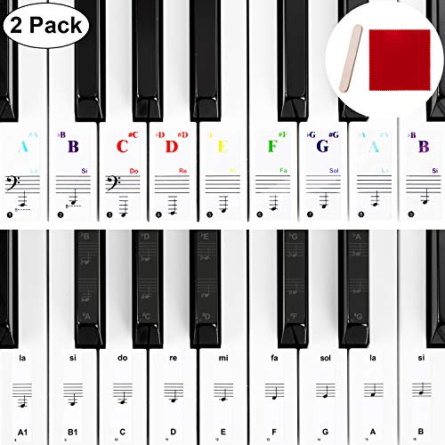 Pegatina de Piano Pegatinas de Teclados de Piano para Teclas 32, 37, 54, 61, 88 Reemplazo Pegatinas de Piano con Paño de Limpieza Bastoncillo de Montaje Pegatinas de Piano Negras 2 Pack