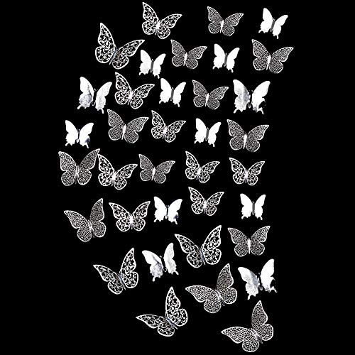 Pegatinas Pared Decorativas Mariposa 3d, Decoración de la Mariposa Hueca y Calcomanías de la Mariposa del Efecto del Espejo para la Habitación, Decoración de la Fiesta 36pcs (Plata)