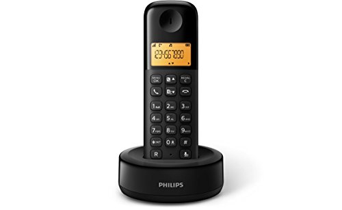 Philips D1301B - Teléfono inalámbrico con pantalla iluminada de 4.1 cm, 10hrs conversación, Negro, 1 Pieza