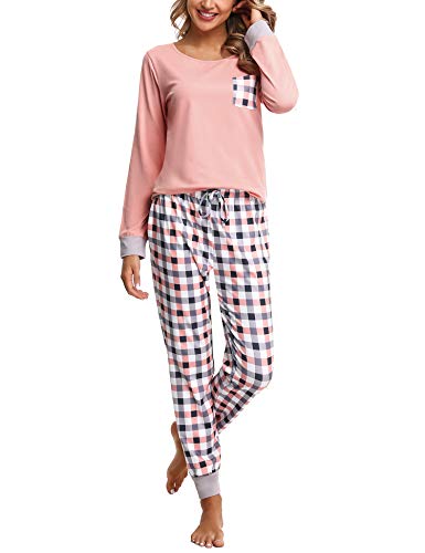 Pijamas Mujer Conjunto de Pijama a Cuadros para Dama Pjs Top Ropa de Dormir Camisa y Pantalones con Bolsillo Manga Larga Soft Lounge Sets Ropa de Cama Loungewear (B# Rosa, M)