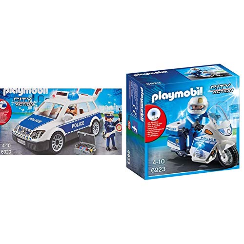 PLAYMOBIL City Action Coche de Policía con Luces y Sonido, a Partir de 5 Años (6920) + City Action Policía con Moto y Luces LED, A Partir de 5 años (6923)