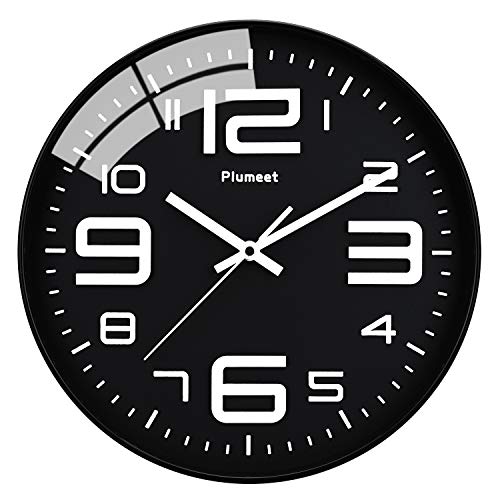 Plumeet Reloj de Pared Silencioso, Reloj de Cuarzo sin Tic-TAC con Batería de 30cm, Diseño Moderno Apto para Decorar Hogar Oficina Escuela (Negro)