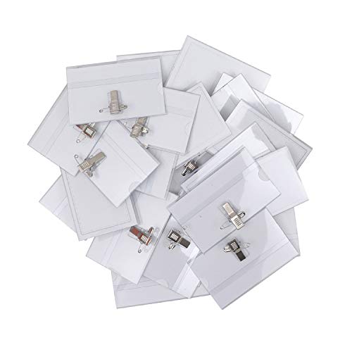 Porta Tarjetas Identificativas Transparente (Pack de 50) - 9cm x 5,7cm Tarjeta de Identificación Horizontal - Portanombres con Pin Imperdible y Pinza Cocodrilo para Escuela, Oficina, Universidad