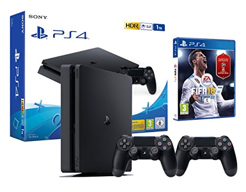 PS4 2 mandos Slim 1Tb Negra Playstation 4 Consola - FIFA 18 + 2 Mandos Dualshock 4
