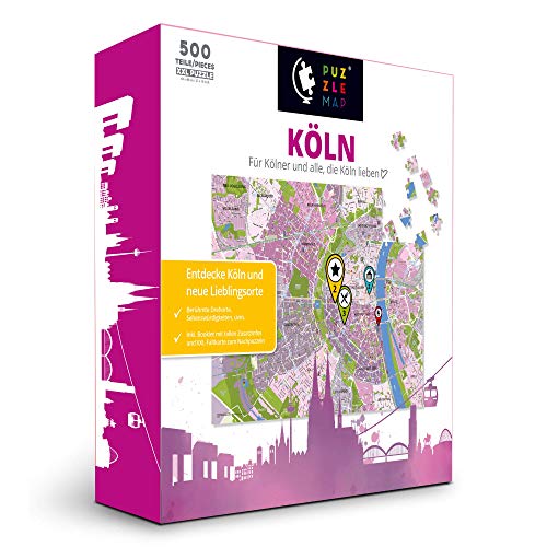 PuzzleMap Puzzle de mapa de la ciudad de Colonia, XXL, 500 piezas, con folleto y tarjeta plegable, tamaño de 68 x 48 cm, guía de viaje, regalo souvenir