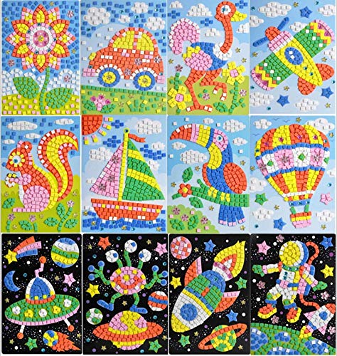 Queta Pegatinas de Mosaico para Niños Conjunto de 12 Dibujos Animados de Mosaico, Mosaicos Adhesivos de Arte Hecho a Mano DIY Kits de Artesanía de Manualidades para Niños Juguetes Educativos (Tipo-1)