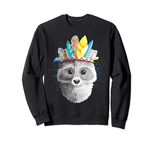 Raccoon Shirt Women Watercolor Feathers Cute Native American Sudadera