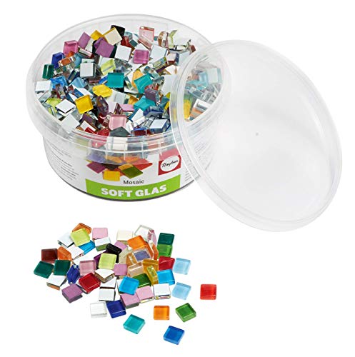 Rayher 14794999 Teselas de cristal cuadradas, 1x1cm, colores variados, Pack 500 g aproximadamente 525 piezas, Para mosaicos