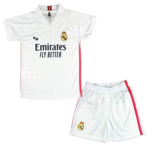 Real Madrid CF Conjunto Camiseta y Pantalón Infantil Primera Equipación Temporada 2020-21 - Producto Oficial Licenciado -Color Blanco (9-10 años, Blanco)