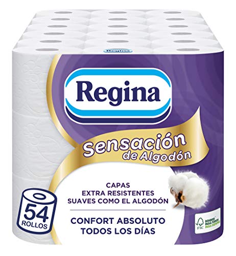 Regina Sensación de Algodón Papel Higiénico | 54 rollos | Capas extra resistentes, suaves como el algodón | Papel 100% certificado FSC®