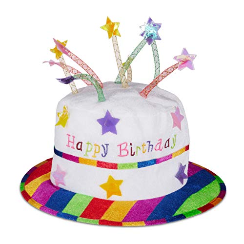 Relaxdays Gorro Cumpleaños, Sombrero Tarta de Peluche con Velas, Para Fiestas, Poliéster, 1 Ud., Blanco y Multicolor