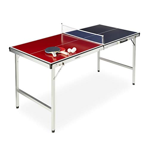 Relaxdays Mesa Ping Pong Plegable, Set con 2 Palas, Red y 3 Pelotas, DM y Aluminio, 67,5 x 151 x 67,5 cm, Azul y Rojo