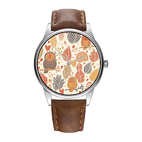 Reloj de Pulsera para Hombre de Cuarzo marrón Cortex, Reloj de Cuarzo para Hombres Famoso Reloj de Pulsera de Cuarzo para Negocios, Regalo de otoño, patrón. Diseño de búhos en el Bosque.
