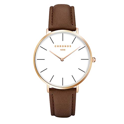 Relojes Mujer y Hombre Ultradelgado Cuero Clásico, Marrón-Oro Rosa