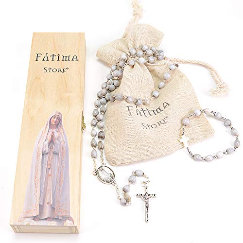 Rosario Lagrimas de San Pedro, Pulsera Decenario a juego, Caja de Madera (Virgen de Fatima) y Bolsa de Lino. Rosario Catolico Convertible en Colgante Hombre o Collar Mujer de Lagrimas de San Pedro