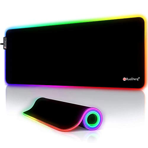 RuoCherg Alfombrillas de Ratón RGB, 12 Modos Led Gaming Mouse Pad con Superficie Impermeable Base de Goma Antideslizante para Gamers, PC y Portátiles