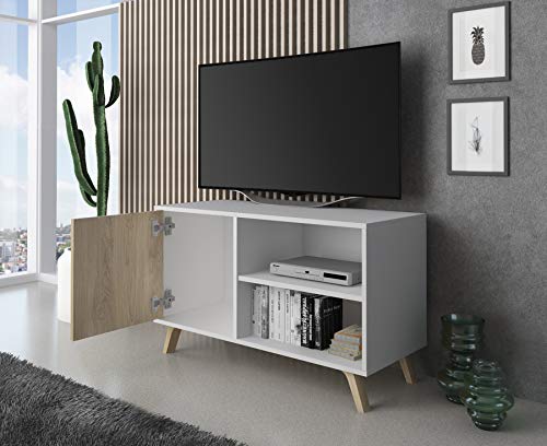 SelectionHome - Mueble TV 100 con puerta, mueble de salon comedor, Modelo Wind, color Blanco y Puccini, medidas: 92 cm (largo) x 40 cm (fondo) x 57 cm (alto)