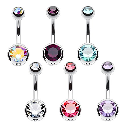 Set de 6 piercings para ombligo, con doble cristal, 1,6 x 10 mm, bola 5 u. 8 mm Set de 6 piercings para ombligo, con doble cristal, 1,6 x 10 mm, bola 5 u. 8 mm