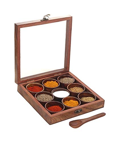 SHAH ART & CRAFTS Caja de madera para especias, caja de madera de Sheesham, 9 especias, tamaño (largo x ancho x alto) 20 x 5 cm. SHAH ART & CRAFTS Caja de madera para especias, caja de madera de Sheesham, 9 especias, tamaño (largo x ancho x alto) 20 x 5 cm.