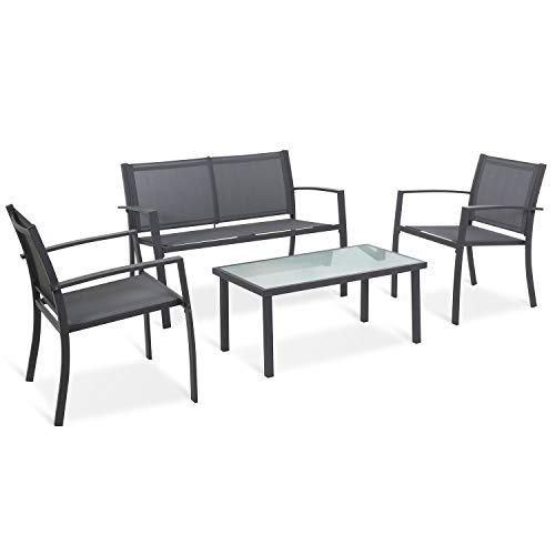 Sigtua Juego de Muebles de jardín de 4 Piezas de Jardin Muebles de Patio al Aire Libre, 2 Sillones + 1 Silla Doble Sofá y Mesa de Vidrio para Terraza, Piscina, Porche, Jardín, Balcón, Gris Oscuro