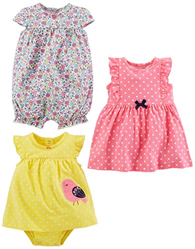 Simple Joys by Carter's Baby Girls paquete de 3 pelele, traje de sol y vestido ,Pink Dot/Floral/Yellow Bird ,US NB (EU 56-62)